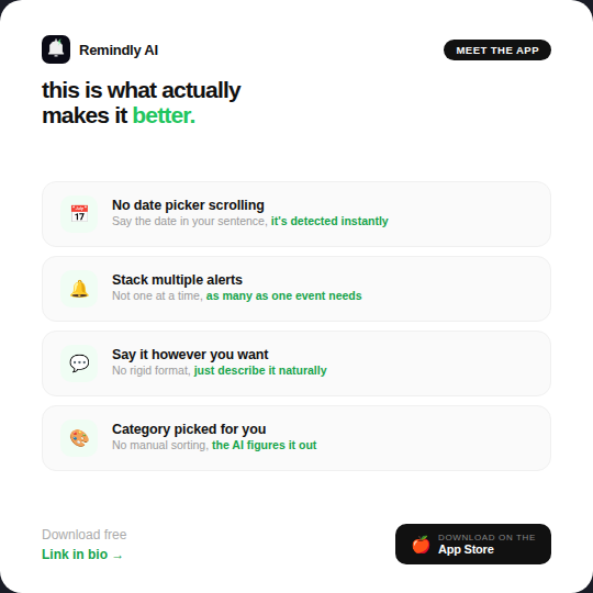 RemindlyAI_app's tweet photo. Here's exactly why it's better than the regular app 📅
No date picker scrolling, alerts stacked instead of set one by one, and categories picked for you. Download free link in bio
#RemindlyAI #NeverForget #Productivity #AIApp #LifeHack https://t.co/yarCHEonVb
