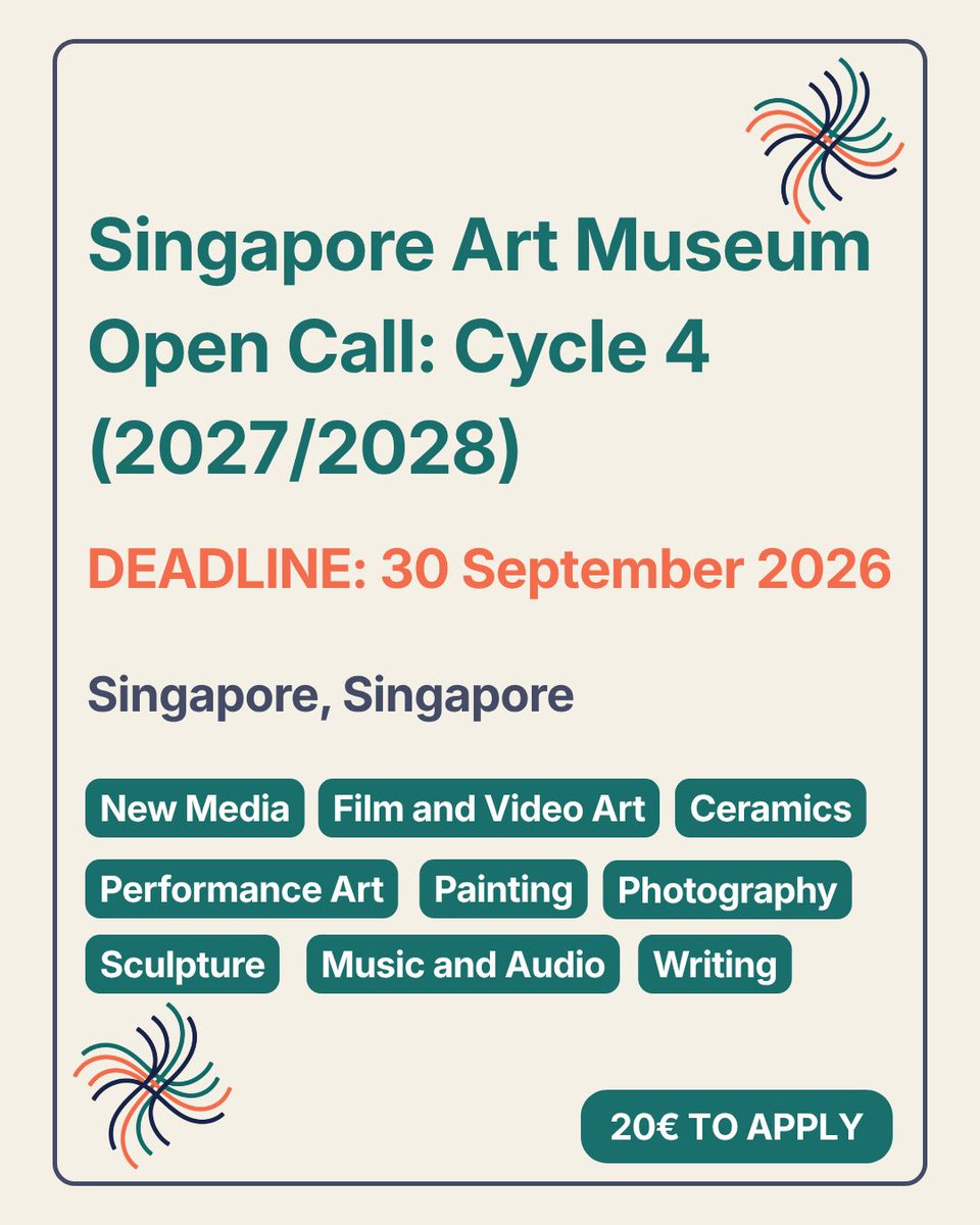 TheOCPlive's tweet photo. The Singapore Art Museum is offering 1–3 month residencies for international applicants, with three thematic strands exploring listening, material cultures and interdependence.
Deadline: 30 September 2026
Full details via the link in bio.
#ArtistResidency #TheOCP https://t.co/O1UgpqWzhR