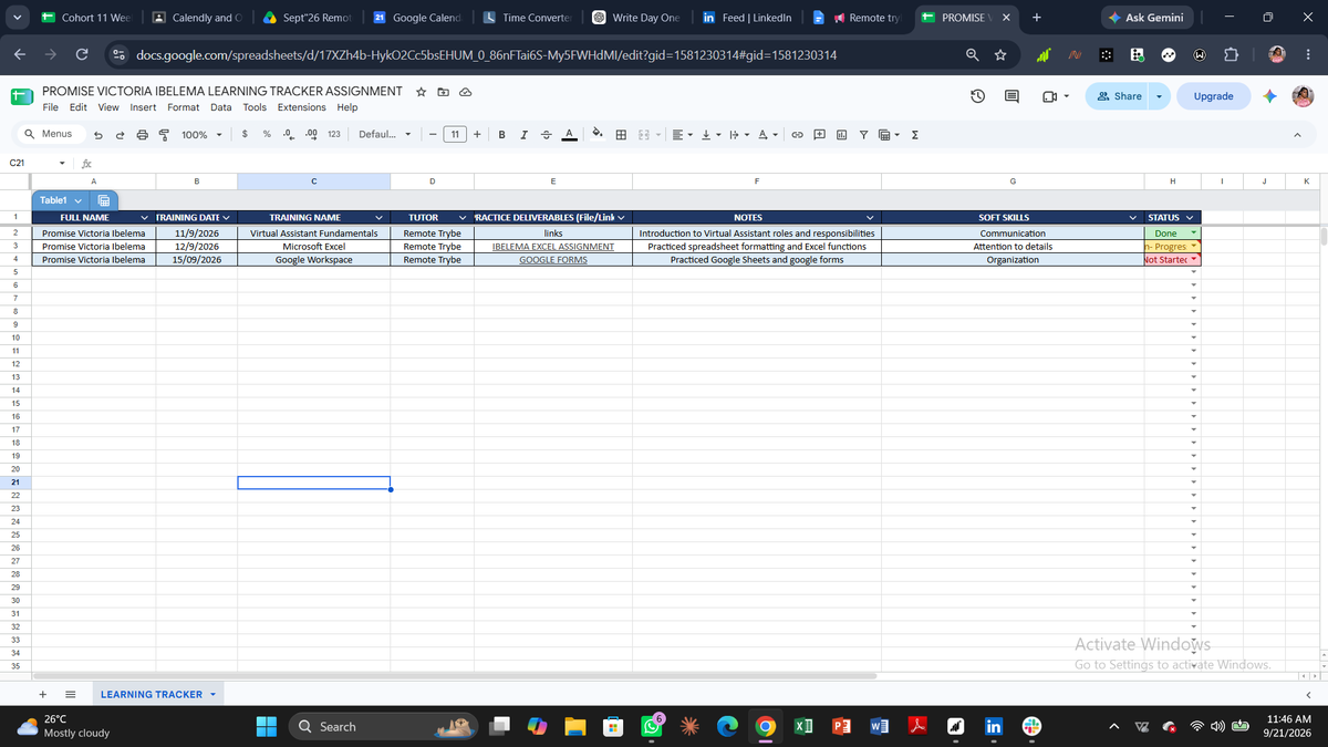 belemzy25's tweet photo. Day 1/20 of the 20-Day Visibility
I’ve officially started my Virtual Assistant journey with @RemoteTrybe, and I’m excited. VA Fundamentals, Excel, Google Workspace &amp; Google Sheets. 
#20DaysOfVisibility #RemoteTrybe #VirtualAssistantJourney #VAPowerSkills #RemoteTrybeChallenge https://t.co/DvvIwp0qqv