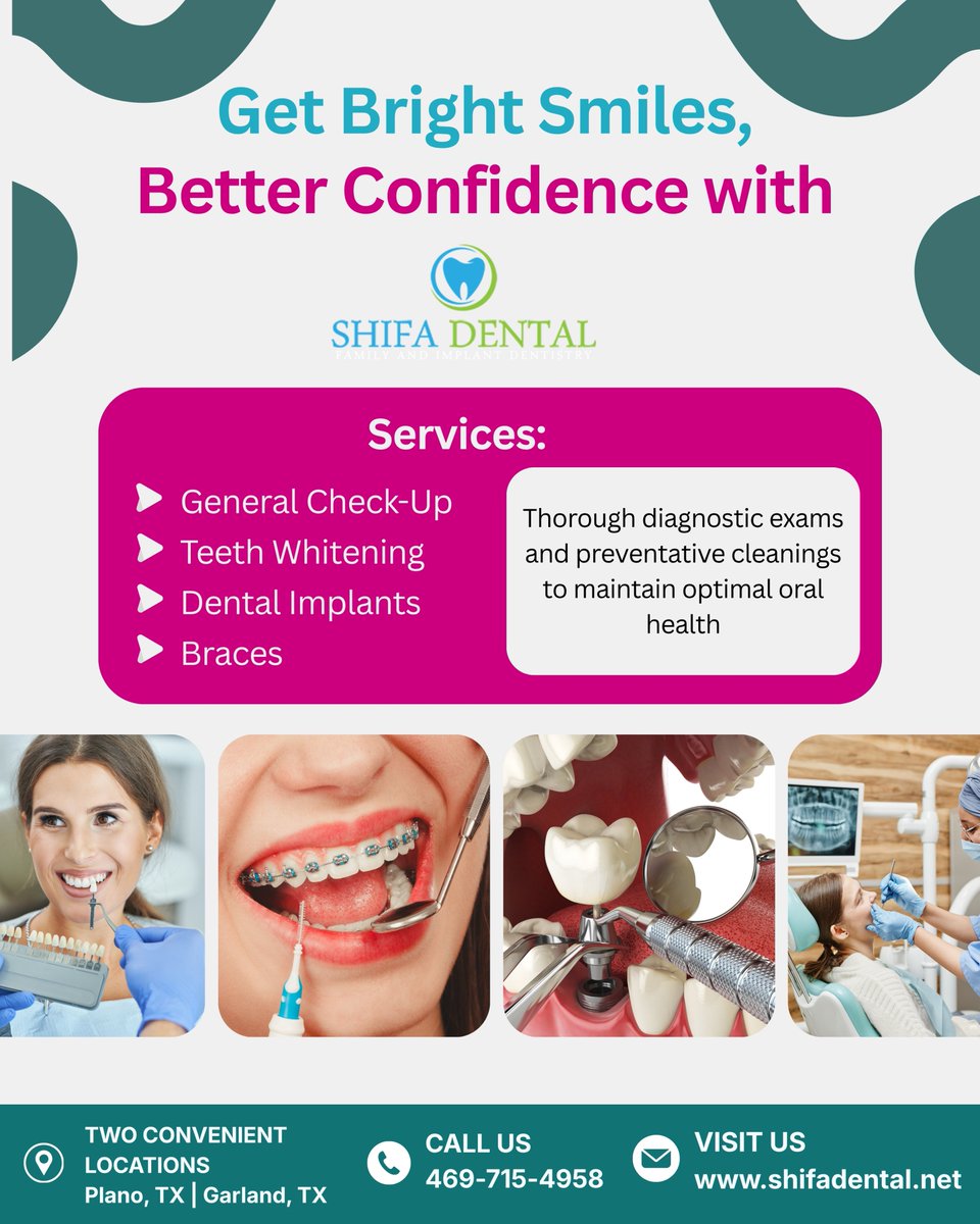 empiredensm's tweet photo. From routine preventative check-ups and clinician-supervised whitening to permanent tooth replacements and orthodontic alignment, Shifa Dental provides patient-centered care focused on your long-term oral wellness.

📞 Plano: (469) 721-6960 | Garland: (972) 891-3175 https://t.co/EWzISqbduZ