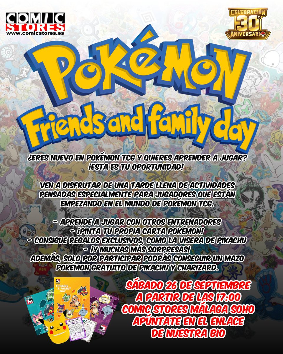 comicstores's tweet photo. ⚡👨‍👩‍👧‍👦 ¡Este sábado, Día de las Amistades y la Familia Pokémon en Comic Stores Málaga Soho!

🃏 Aprende a jugar, consigue regalos y opta a uno de los 20 mazos gratis de Pikachu y Charizard.

📍 26/09 · 17:00 h · GRATIS: https://t.co/HfIE3jaq3T

#PokemonTCG #Pokemon #Málaga https://t.co/5r0Pvg0xw0