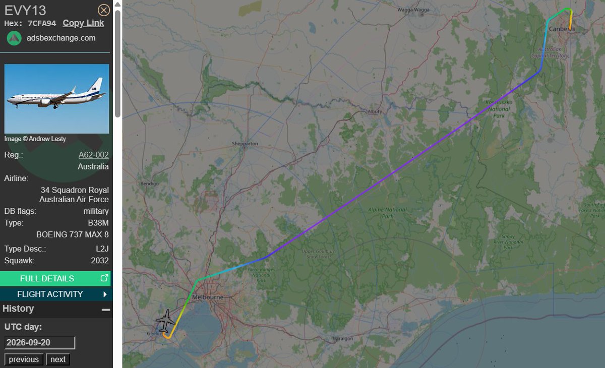 raaf_vip's tweet photo. Yesterday afternoon's flight.

Boeing 737 MAX 8 BBJ // A62-002 // Envoy 13

Route: Canberra (CBR) - Melbourne Avalon (AVV)
🛫: 05:26 UTC on 20/09/2026
🛬: 06:27 UTC

#RAAF #AusAirForce #A62002 #Melbourne #Geelong https://t.co/qtFAwDUdWY