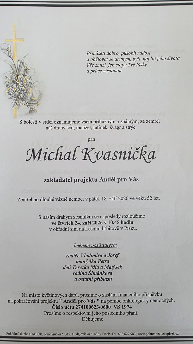 MichalKv1's tweet photo. Tak jak si manžel přál, vkládám...Na jeho přání bude krátké rozloučení beze slov, jen za poslechu hudby,kterou si sám vybral...Všem děkuji za upřímné  projevy soustrasti, moc si toho vážím...
A ještě jsem měla za něj napsat.."čau děcka" https://t.co/xRX6MKrfsD