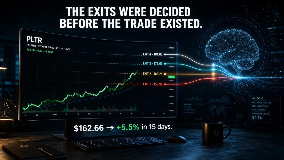 ivernfin's tweet photo. Palantir at $162.66. Before that position ever opened, the AI already had all 4 exit points written down.

Not "we'll see how it goes." Not a gut call at 2am watching a red candle. A plan, on paper, before the trade existed. https://t.co/hALYkonBWl