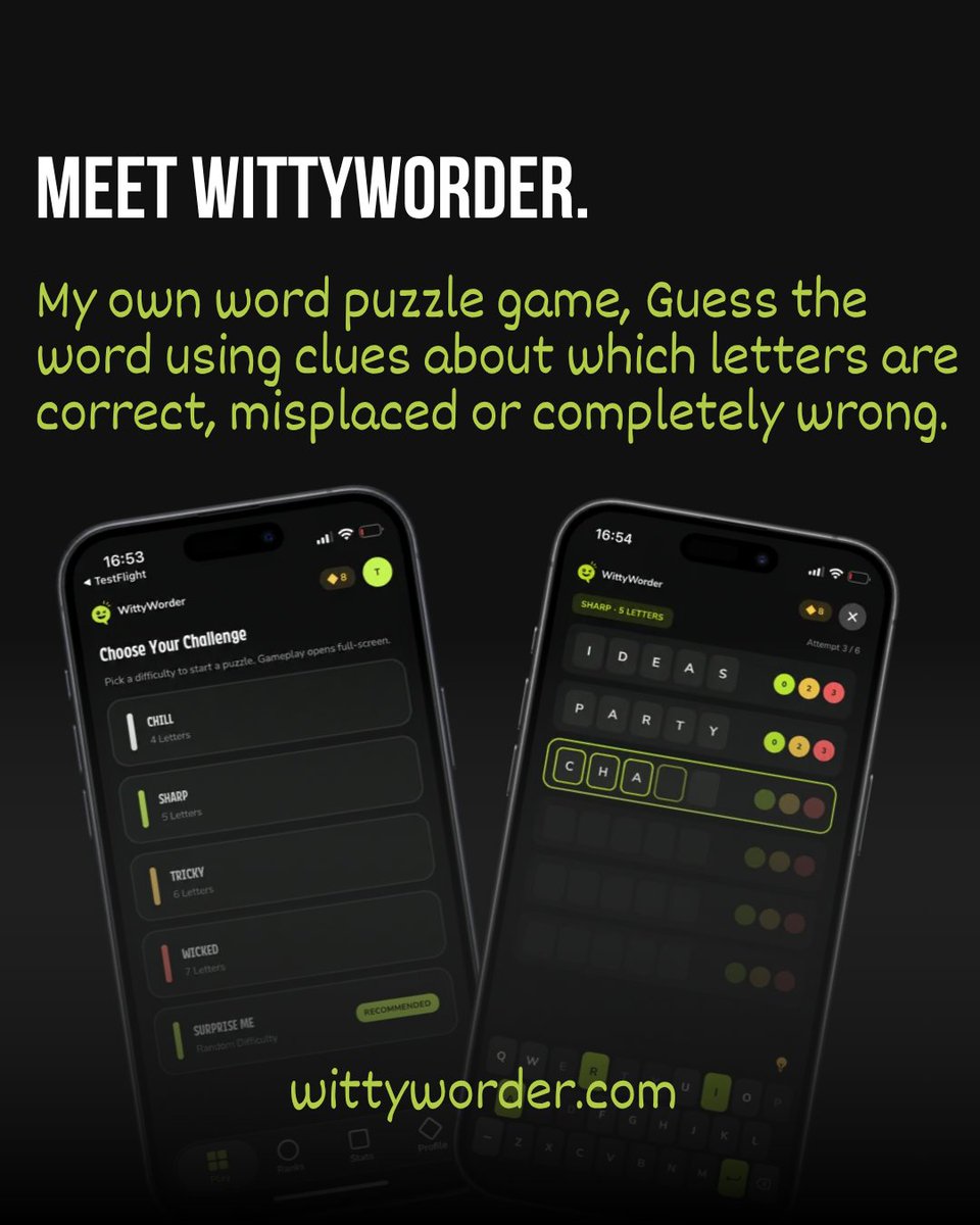 tomilola_ng's tweet photo. I’ve always wanted to build a game.

It was actually one of the reasons I got into tech. I loved the idea that I could learn to code and eventually create my own games.

4–5 years later, I finally did 😭

Meet WittyWorder, my own word puzzle game, now live on iOS and Android.

There’s still so much I want to add, but I’m genuinely happy that something I wanted to do for years now exists.

I made a game, bro 😂 ( Link in the comments )
