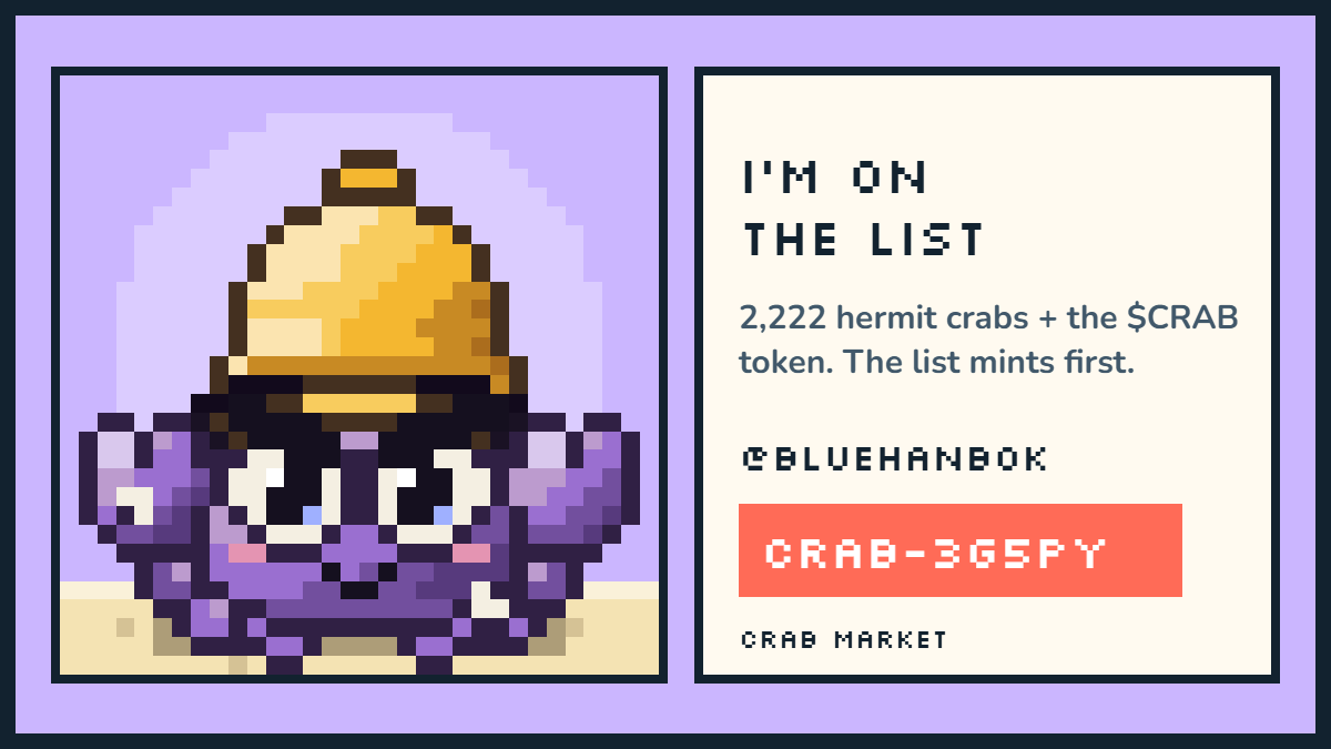 BlueHanbok's tweet photo. I'm on the list for @crabmarketio. 2,222 hermit crabs + the $CRAB token on Robinhood Chain.

My pass: CRAB-3G5PY https://t.co/EX5pHl75ih