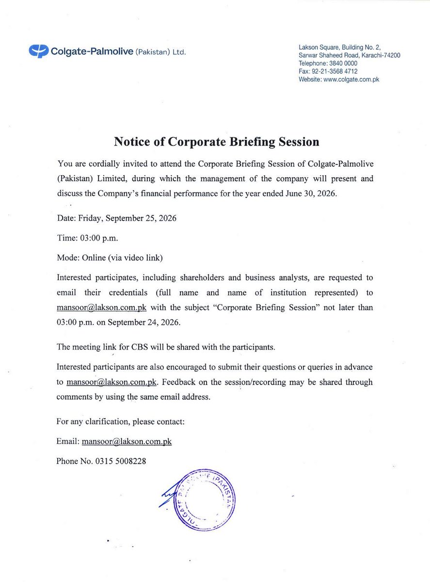 ChasePSXNotices's tweet photo. COLG: Notice of Corporate Briefing Session
𝐒𝐜𝐡𝐞𝐝𝐮𝐥𝐞𝐝 𝐟𝐨𝐫 𝐅𝐫𝐢 𝟐𝟓 𝐒𝐞𝐩 𝟐𝟎𝟐𝟔 𝐚𝐭 𝟑:𝟎𝟎 𝐏𝐌 | 𝐕𝐞𝐧𝐮𝐞: 𝐋𝐚𝐤𝐬𝐨𝐧 𝐒𝐪𝐮𝐚𝐫𝐞 𝐁𝐮𝐢𝐥𝐝𝐢𝐧𝐠 𝐍𝐨. 𝟐, 𝐒𝐚𝐫𝐰𝐚𝐫 𝐒𝐡𝐚𝐡𝐞𝐞𝐝…
#PSX #Stock #News #COLG #CorporateBriefing https://t.co/GFG1q4Patf