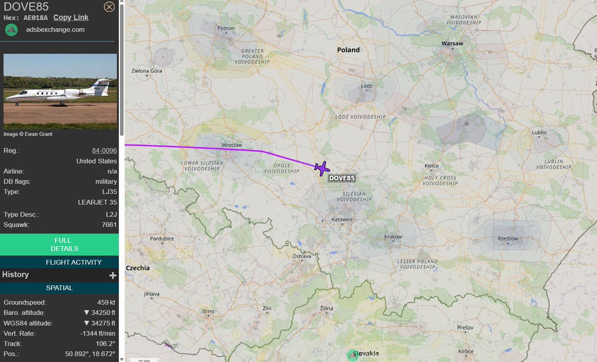 PolishMilRadar's tweet photo. 📅 21.09 🕙 13:05LT - 🇺🇸✈️ Learjet C-21A USAF do Rzeszowa 🇵🇱
🇺🇸 Siły Powietrzne Stanów Zjednoczonych #USAF
✈️ #DOVE85 Learjet C-21A | Reg: 84-0096
🛫 Baza Lotnicza Ramstein #ETAR 🇩🇪
🛬 Rzeszów-Jasionka #EPRZ 🇵🇱
🔗 https://t.co/iSoxjPPXVr
#POLMILRADAR https://t.co/9kYdLR6fG9