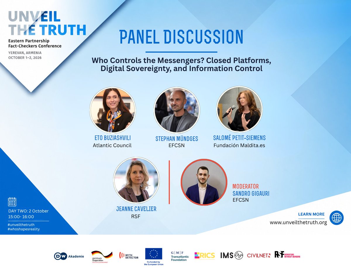MythDetector's tweet photo. 🌐 Who Controls the Messengers? At #UnveilTheTruth, experts explore how digital sovereignty narratives are used to justify tighter control over online platforms &amp; digital infrastructure.

🔎 Panel: https://t.co/QIF7oEKaQk
📝 Register: https://t.co/r47ljylVeR
📍 Yerevan | Oct 1–2 https://t.co/q4w21DC3wa