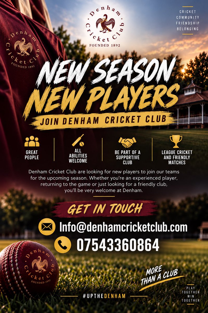 DenhamCC's tweet photo. 🏏 NEW SEASON. NEW PLAYERS.

Denham CC are looking for new players! Whether experienced, returning to cricket or new to the game, come and be part of our club.

📩 info@denhamcricketclub.com
📞 07543360864

#UPTHEDENHAM #DenhamCC https://t.co/UzAy9BzhXn