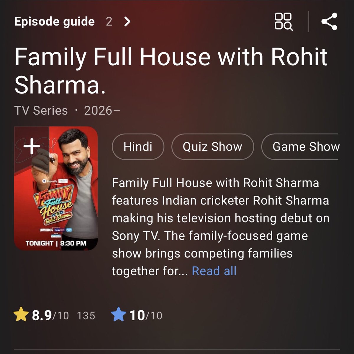 rushiii_12's tweet photo. Download the IMDb app and rate Rohit Sharma’s Family Full House show 10/10. Let’s go, Rohitan! Do it! ❤️🔥 https://t.co/r5seMKDAY0
