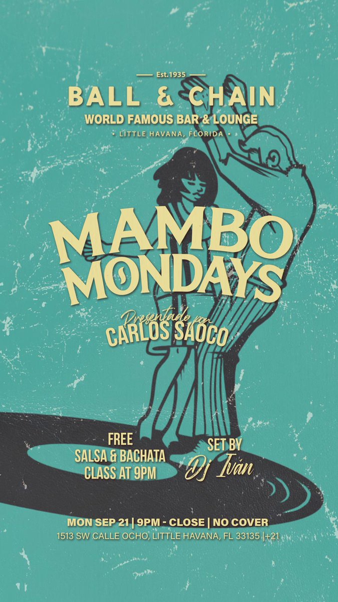 BallAndChainBar's tweet photo. TODAY: #LiveMusic NOW to 6 p.m., #HappyHour 4 to 7, #LiveJazz 6 to 9, then #MamboMondays with DJ Ivan + a FREE #SalsaClass &amp; #BachataClass, 9

TOMORROW: #Bachatuesday includes DJ Vila + a FREE #BachataLesson

#supportlocal https://t.co/z7b3b6aDZZ
🍍💚 https://t.co/8CleE1DXHd
