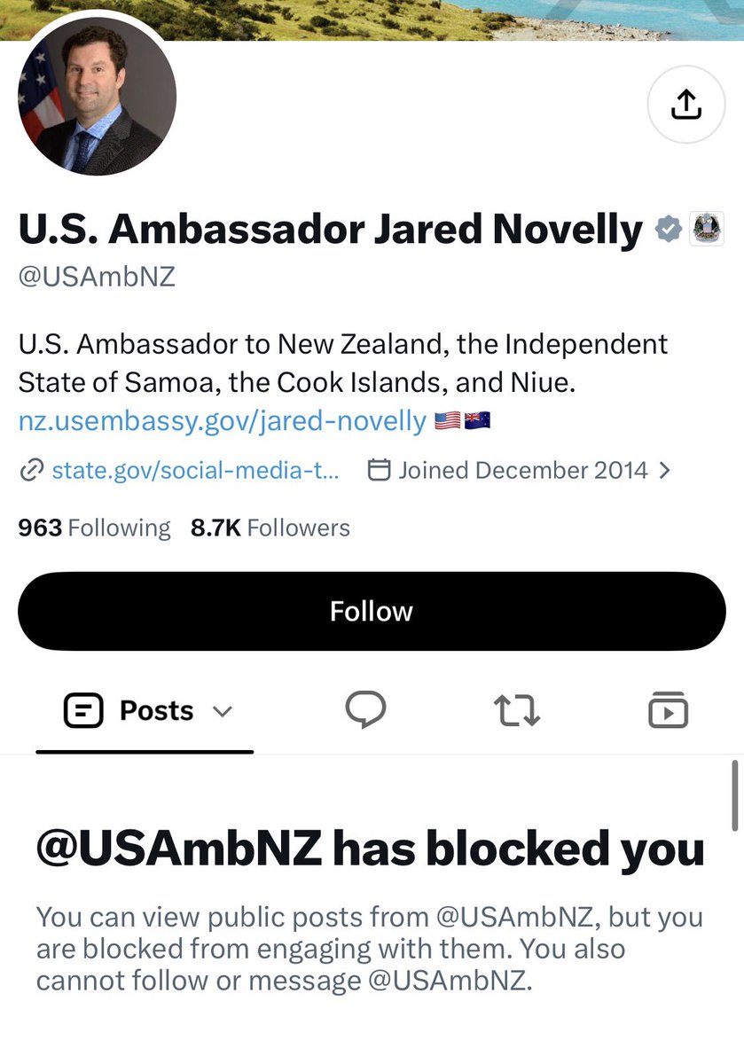 foundersam's tweet photo. I told Jared he has no mandate from the people of Aotearoa to change our Foreign Policy by stealth to sell off our assets and land. He responded by blocking me. That response speaks volumes about how he intends to handle scrutiny and disagreement. https://t.co/xQt1I6VU6c