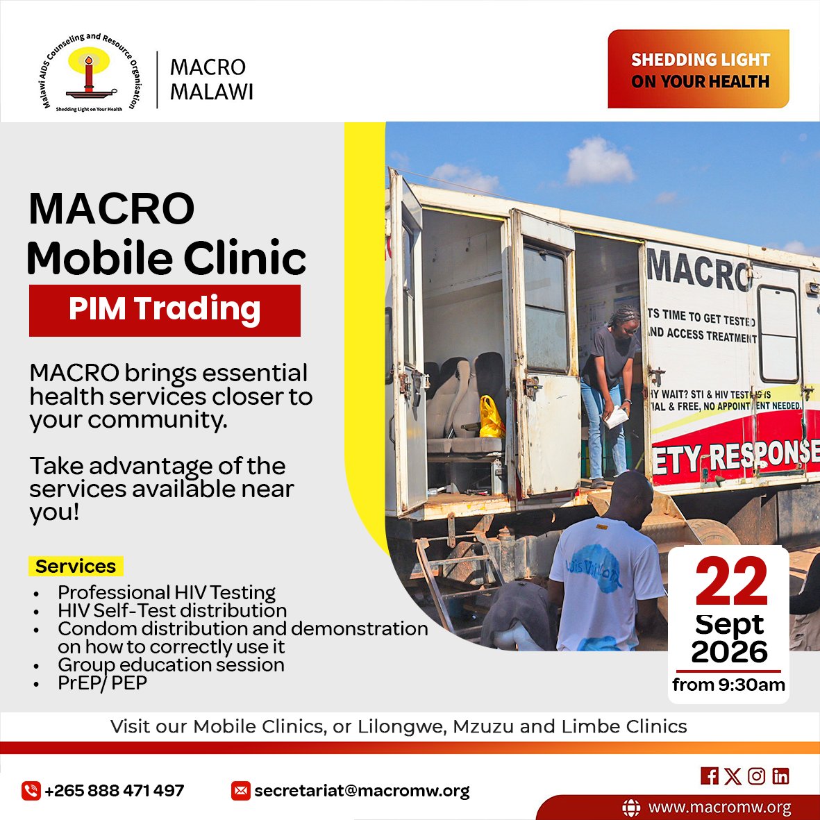 MACROMalawi's tweet photo. MACRO Mobile Clinic will be at PIM Trading tomorrow, 22 September, from 9:30am, bringing essential health services closer to you.

You can access HIV testing, HIV Self-testing kits, condoms and more.

Don't miss out, make use of the services available near you. https://t.co/ZhXQqPDvdK