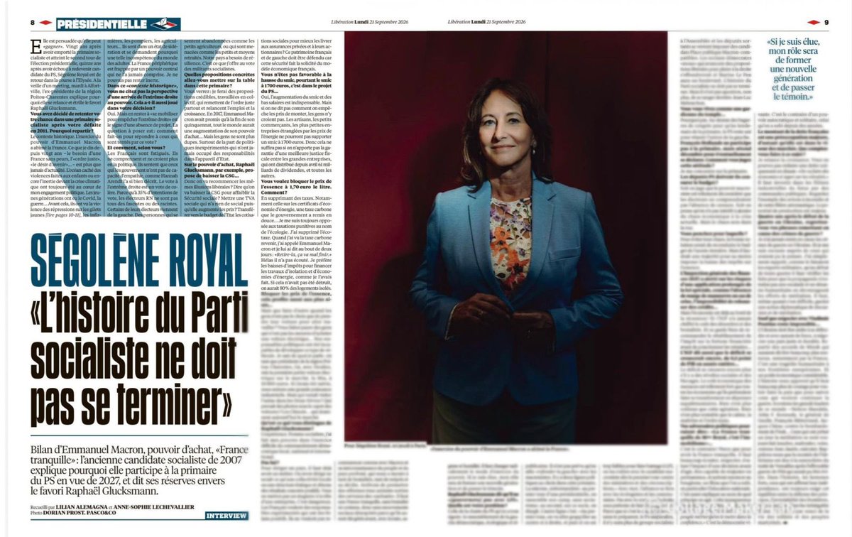 RoyalSegolene's tweet photo. À lire dans Libération. 
L’histoire du socialisme ne doit pas s’arrêter. Ni se noyer dans des accords avec les macronistes sous prétexte de faire barrage. Sinon l’extrême droite aura un boulevard. Nous pouvons construire une France sans peurs. Remonter le moral des Français, fatigués de politiques si brutales et si indifférentes. En baissant les taxes sur l’essence et en créant l’ordre économique juste.
