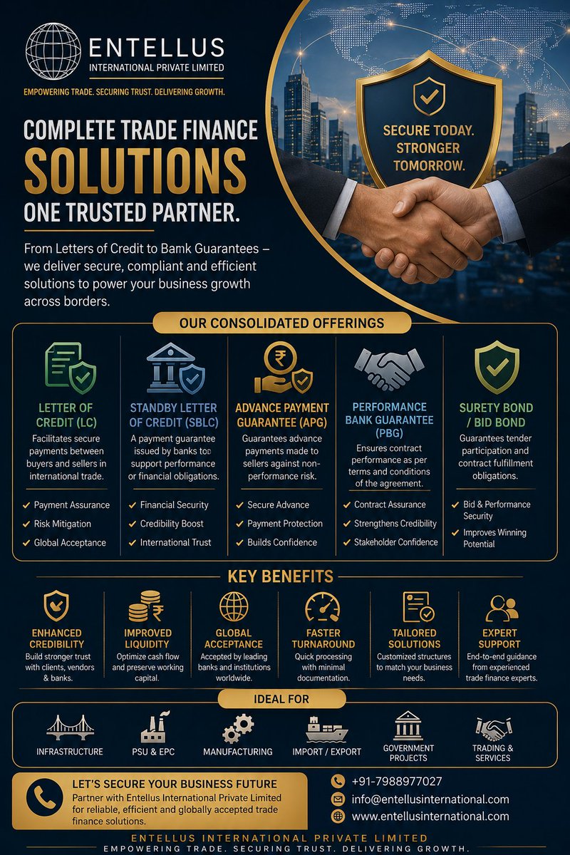 EntellusLtd's tweet photo. 🌍 Global trade runs on trust.

And trust often needs financial backing.

From LC &amp; SBLC to Bank Guarantees, APGs and Surety/Bid Bonds — the right trade-finance instrument can strengthen transaction security and commercial credibility.

EIPL brings these solutions together.

🧵👇 https://t.co/LDxq85KMDw