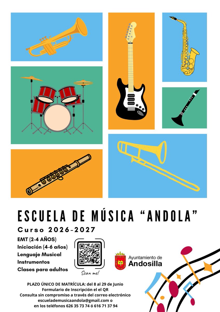 aytodeandosilla's tweet photo. Escuela de música «Andola»: Curso 2026/2027
Inscripciones clicando en el siguiente enlace:
https://t.co/P4ztezsPGr

#andosilla
#ayuntamientodeandosilla https://t.co/lj5KbbqwCs