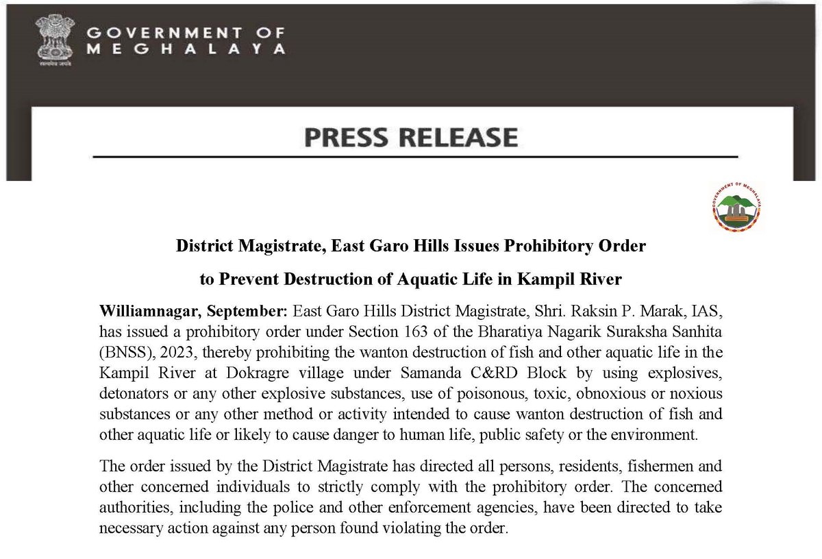 MeghalayaGov's tweet photo. District Magistrate, #EastGaroHills Issues #Prohibitory Order to Prevent Destruction of Aquatic Life in #Kampil River @DiprMeghalaya #Dokragre #Samanda (https://t.co/9G9SRVhvTt) https://t.co/uFPJFJDNXf