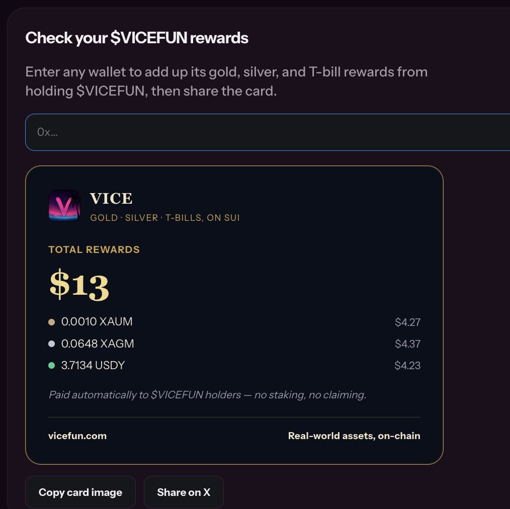 ViceFun's tweet photo. Diamond hands have never looked any better.
Lookup and share your RWA rewards on Sui.
https://t.co/CZRq2jMf8A https://t.co/BomMZVt5VC