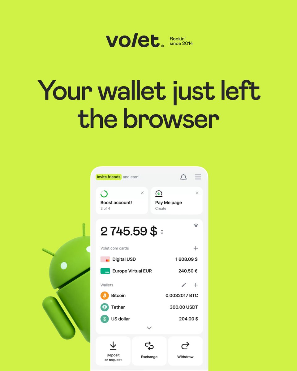 VoletCom's tweet photo. 📱 The wait is over: https://t.co/Rz3GXRJpC7 is on Android.
 
Download https://t.co/Rz3GXRJpC7 on Google Play: https://t.co/aMdWRqDsVR

Open the app, check your balance, move money, exchange crypto, manage cards and keep going.
 
Everything you need from https://t.co/Rz3GXRJpC7, now in a dedicated Android app.
 
The app is currently unavailable in some countries.