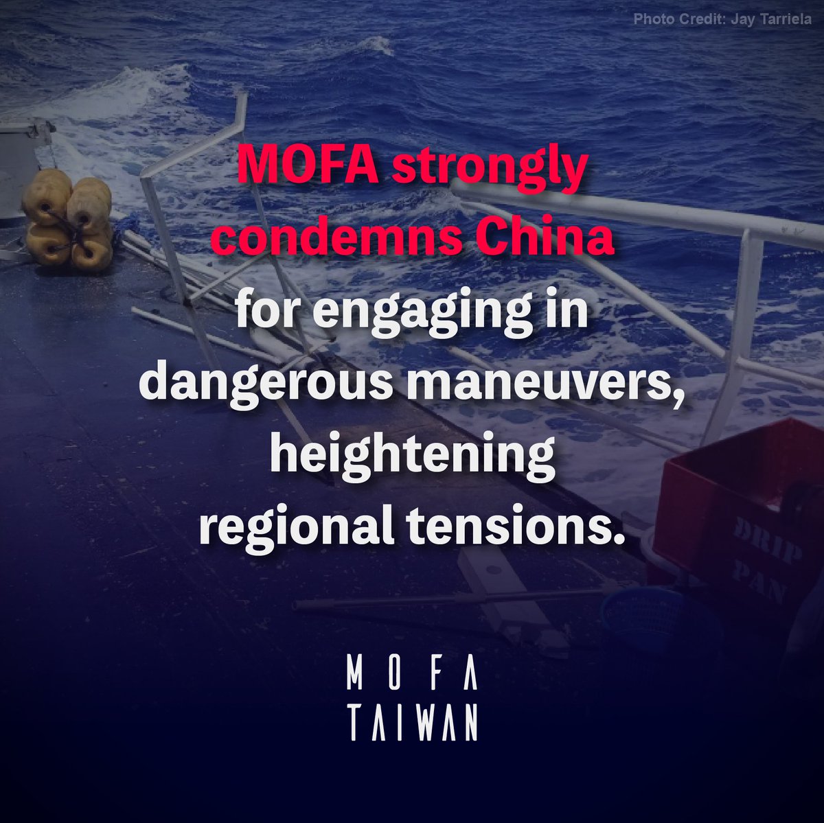 MOFA_Taiwan's tweet photo. MOFA strongly condemns the China Coast Guard’s dangerous maneuvers against a Philippine fisheries vessel near Palawan. Such coercive &amp; provocative actions endanger lives, maritime safety &amp; regional stability. #Taiwan will keep working with partners for a free &amp; open #IndoPacific. https://t.co/McygyQbxha