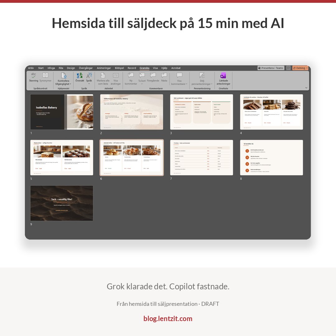 lentzit's tweet photo. Din hemsida → färdig säljpresentation på ~15 min.
Jag matade Grok med en produktsida. 9 slides, rätt tone of voice — Copilot nådde inte ens källan.
Guide + prompts:
https://t.co/7GR0ytSoPN https://t.co/bEelXC2w30