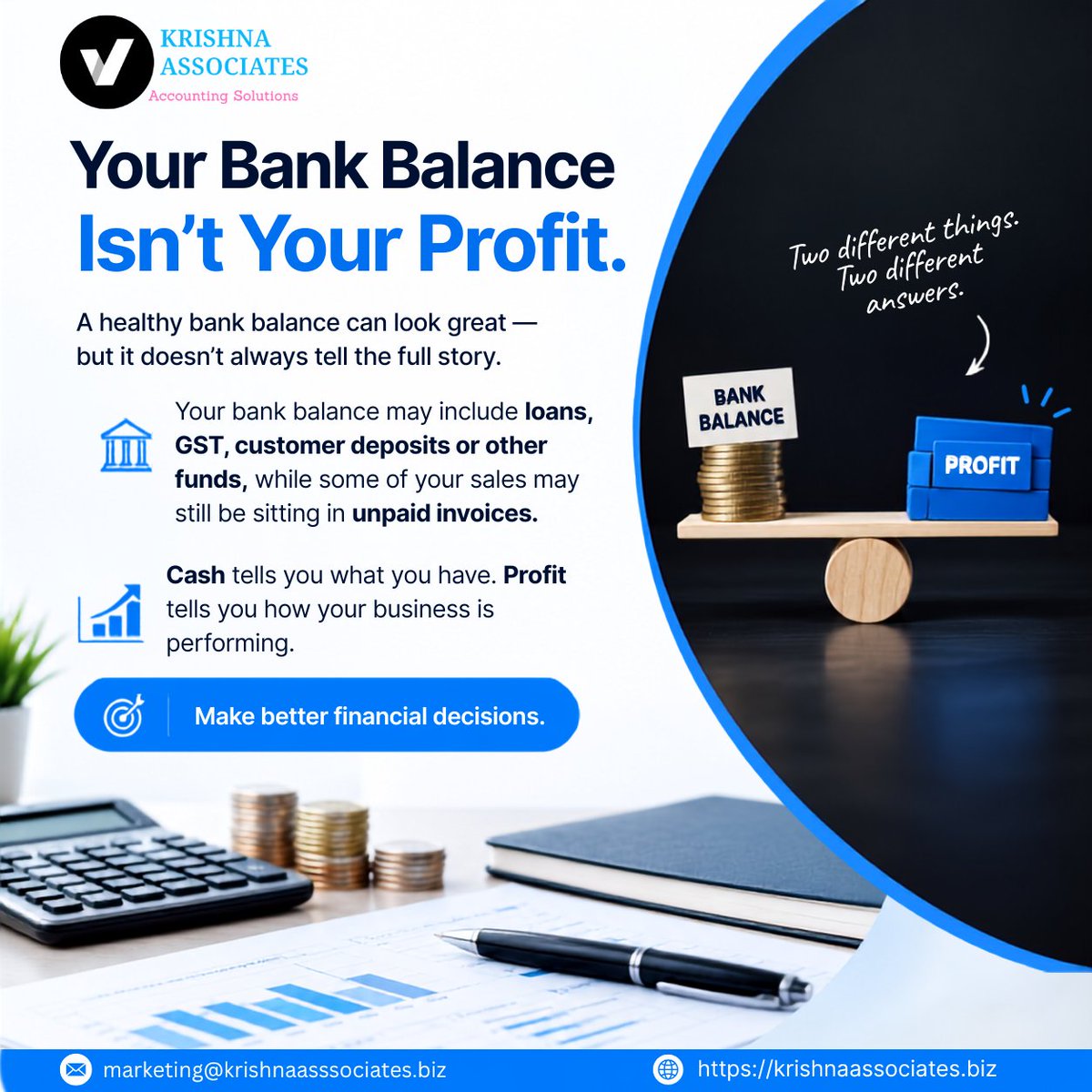 krishnaassoci's tweet photo. A healthy bank balance doesn’t always mean healthy profits. Know the difference between cash flow and profit to make smarter business decisions. 📊

Contact Us:
📩 marketing@krishnaassociates.biz
🌐 https://t.co/3BNFQm2vzQ

#BusinessFinance #Accounting #Profit #FinanceTips https://t.co/fv0BMUP3RF