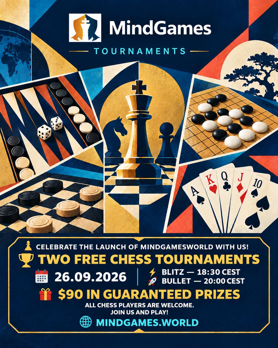 MindGamesWorld's tweet photo. ♟️ Join the launch of https://t.co/tZhV8dgbtO!

On September 26, we’re hosting FREE chess tournaments with cash prizes, including a special event for amateur and junior players.

🌐 https://t.co/ofUsG7Cac5

#Chess #ChessTournament #OnlineChess #ChessCommunity #MindGamesWorld https://t.co/hbPuEWJ9cN
