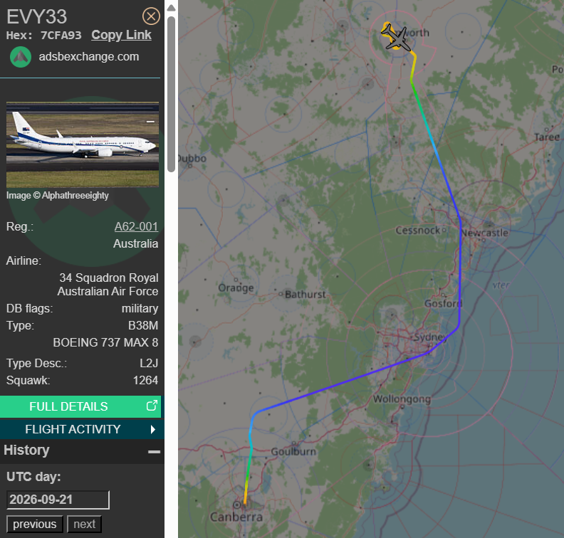 raaf_vip's tweet photo. Including air-work before landing.

Boeing 737 MAX 8 BBJ // A62-001 // Envoy 33

Route: Canberra (CBR) - Tamworth (TMW)
🛫: 07:22 UTC on 21/09/2026
🛬: 08:45 UTC

#RAAF #AusAirForce #A62001 #Tamworth https://t.co/YFpGgZTPDk