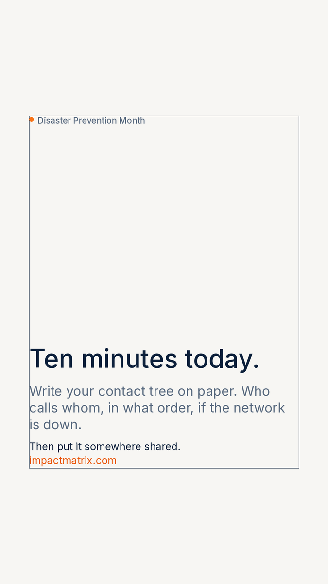 ImpactmatrixCo's tweet photo. Ten minutes today.
Write your contact tree on paper. Who calls whom, in what order, if the network is down.
Most of it lives in one person's memory. That works until it's that person.
#NationalPreparednessMonth #DisasterPreventionMonth https://t.co/IAmqfQseWG