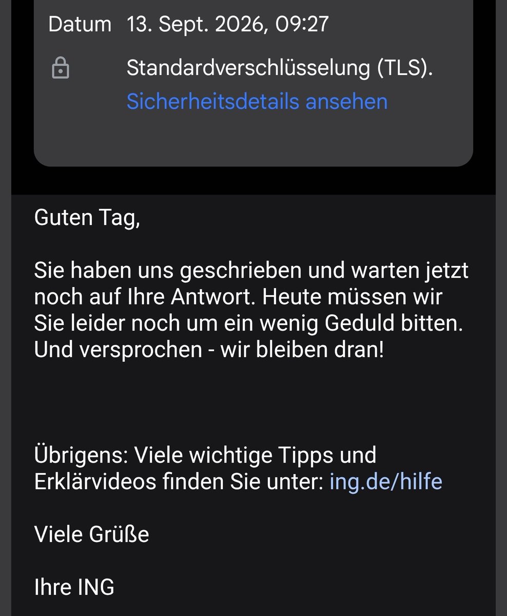 SebastianRDSZ's tweet photo. Schon wieder: 10 Tage sind nun insgesamt vergangen, aber die @ING_Deutschland antwortet nicht auf die einfachsten Fragen. Auf die vorherige Frage im Mai kam nie eine Antwort. „Kundenservice“. https://t.co/X1NFlgjmnP