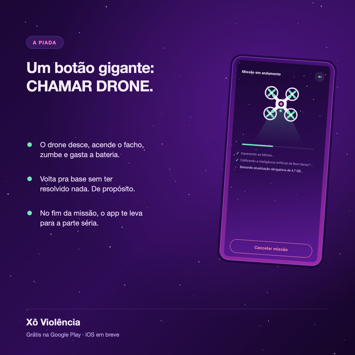 Marcuspo1's tweet photo. Fiz um app com um botão gigante: CHAMAR DRONE. Você aperta, o drone desce, zumbe, gasta a bateria e volta sem resolver nada. De propósito.

Atrás da piada: guia com 11 tipos de violência e a lei, 165 canais de ajuda, diário criptografado. Grátis.

https://t.co/gZ3CUiLszp https://t.co/eXcEgDNifl