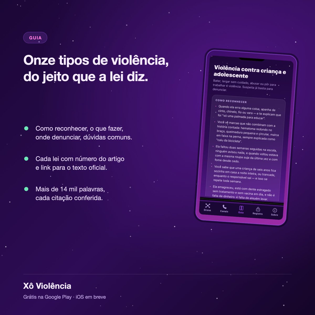 Marcuspo1's tweet photo. Fiz um app com um botão gigante: CHAMAR DRONE. Você aperta, o drone desce, zumbe, gasta a bateria e volta sem resolver nada. De propósito.

Atrás da piada: guia com 11 tipos de violência e a lei, 165 canais de ajuda, diário criptografado. Grátis.

https://t.co/gZ3CUiLszp https://t.co/eXcEgDNifl