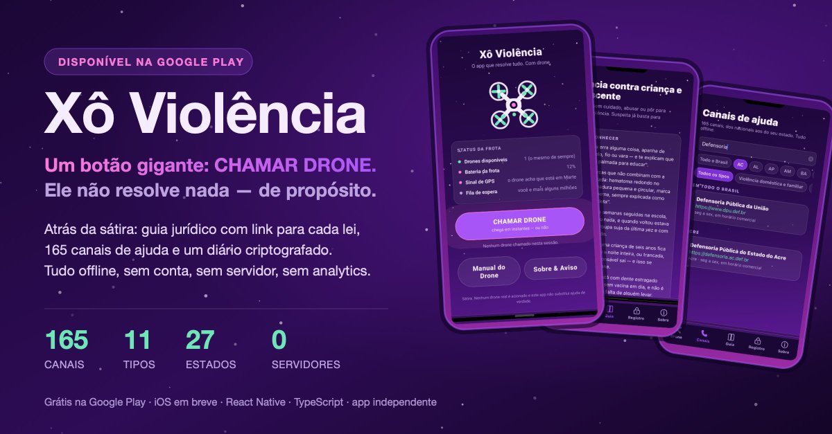 Marcuspo1's tweet photo. Fiz um app com um botão gigante: CHAMAR DRONE. Você aperta, o drone desce, zumbe, gasta a bateria e volta sem resolver nada. De propósito.

Atrás da piada: guia com 11 tipos de violência e a lei, 165 canais de ajuda, diário criptografado. Grátis.

https://t.co/gZ3CUiLszp https://t.co/eXcEgDNifl