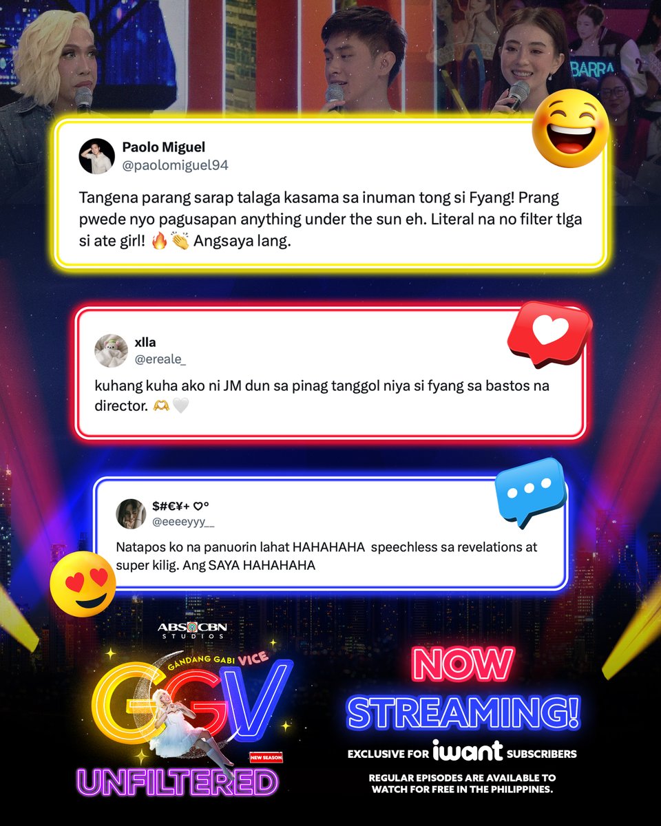 ofc_iwant's tweet photo. Over sa saya at kilig ang chikahan at kulitan with #JMFyang! 🥰✨

#GGVUnfiltered with JM Ibarra and Fyang Smith is NOW STREAMING worldwide exclusively on iWant! https://t.co/KBv009kOl8

🌙 Regular episodes are available to watch for FREE in PH!

#GGV #iWantGGV #ViceGanda @abscbnggv