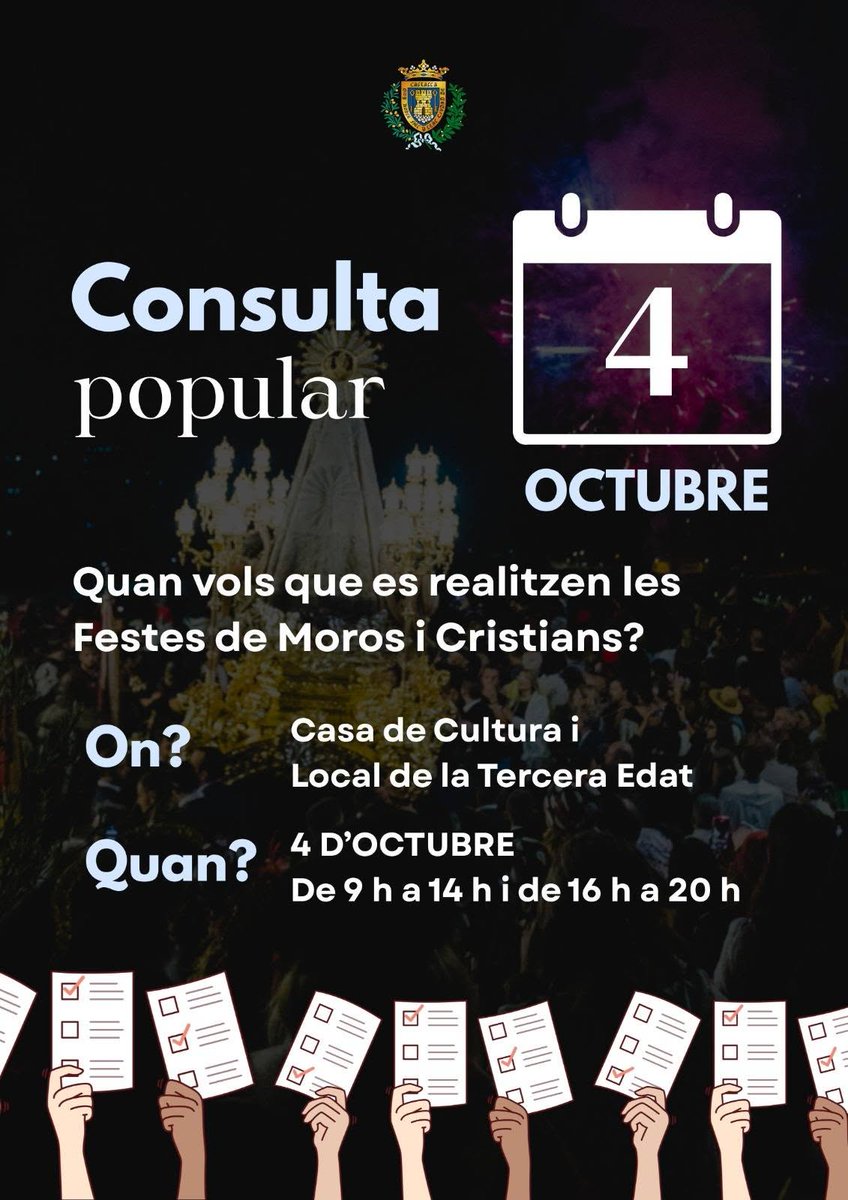 infoCastalla's tweet photo. #Castalla celebrará el 4 de octubre la consulta popular sobre las fechas de las Fiestas de Moros y Cristianos.

Se elegirá entre mantenerlas (1-4 de septiembre) o trasladarlas a fin de semana (Entrada en viernes). 

El alcalde anima a participar.

📸© https://t.co/e3sRBUEpoz ® https://t.co/f1Zz0qoTux