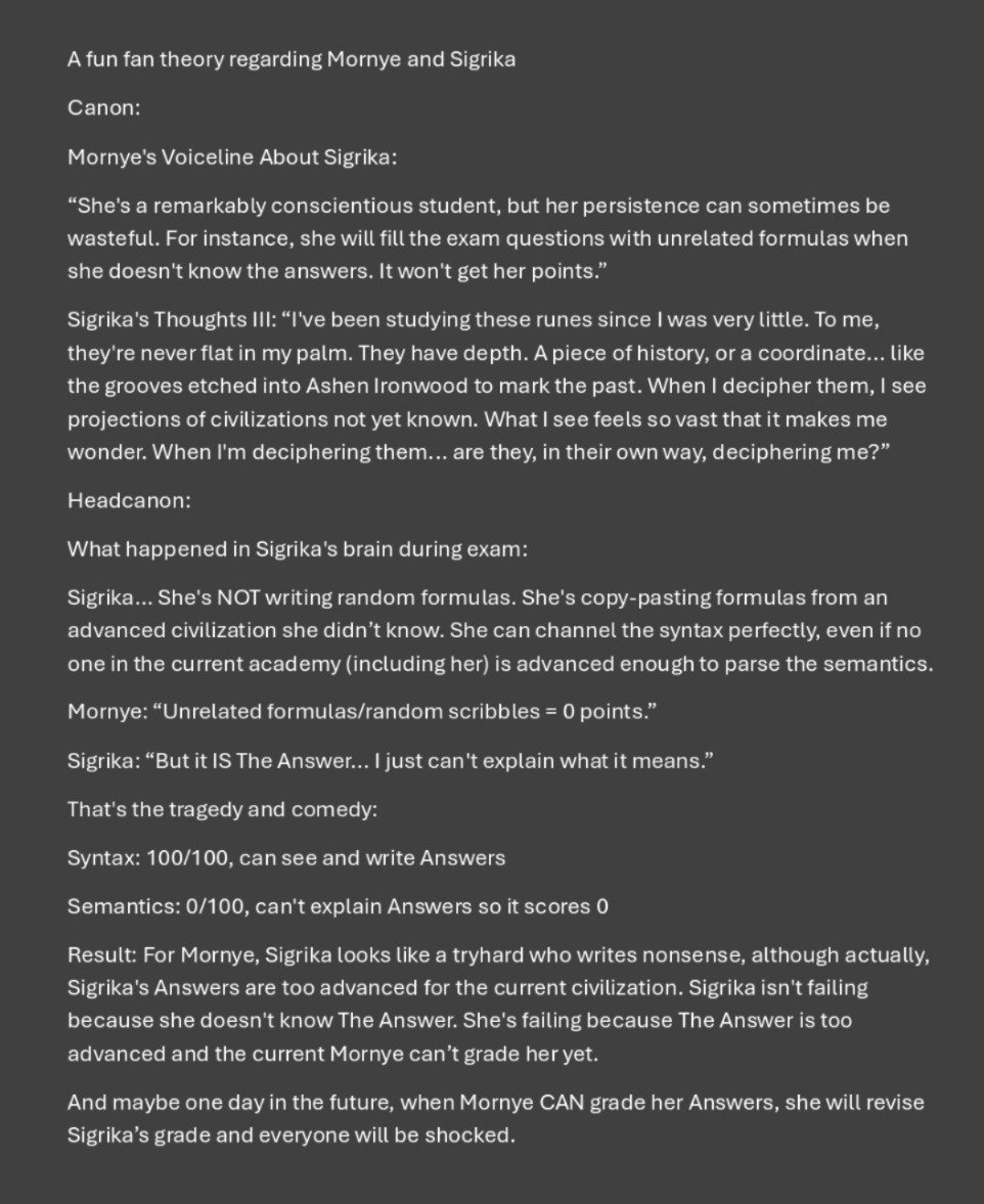 XWEETXWT's tweet photo. A fun fan theory of Sigrika and Mornye's interactions. ꉂ(˵˃ ᗜ ˂˵)
Revised- previously mislabeled Thoughts: III as Thoughts: II

Canon:
- Mornye's Voiceline About Sigrika
- Sigrika's Thoughts: III

#Mornye #Sigrika https://t.co/AzXnsOBzna
