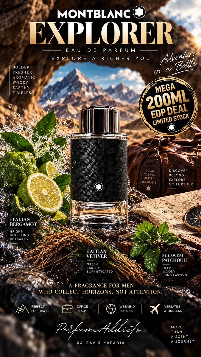 kalravkapadia's tweet photo. PerfumeAddicts Exclusive Deal:
200ML EDP FLASH SUPER DEAL๐ฉท
MORE THAN A SCENT. A JOURNEY.
Montblanc Explorer Eau De Parfum Pour Homme for men from Montblanc 200ml EDP for 8950. #fresh #citrus #adventure #bestseller
Explorer EDP is understated masculinity done beautifully.
It opens with the bright lift of Italian Bergamot, moves into the dry, green sophistication of Haitian Vetiver, and settles into the earthy, woody depth of Sulawesi Patchouli.
The result is clean without feeling sterile, woody without becoming dense, and masculine without trying too hard.
There's something wonderfully composed about it โ like a freshly pressed white shirt, an old leather travel bag, dusty boots and a map with no final destination.
Not loud.
Not complicated.
Just exceptionally wearable.
Explorer EDP brings together sparkling Italian Bergamot, rugged Haitian Vetiver and earthy Sulawesi Patchouli in a beautifully balanced woody-aromatic composition.
It's fresh enough for the office, sophisticated enough for dressed-up evenings and effortlessly at home on weekends and travel.
LIMITED STOCK SO GRAB THE 200ML EDP NOW ๐ฅ๐ฅ๐ฅ