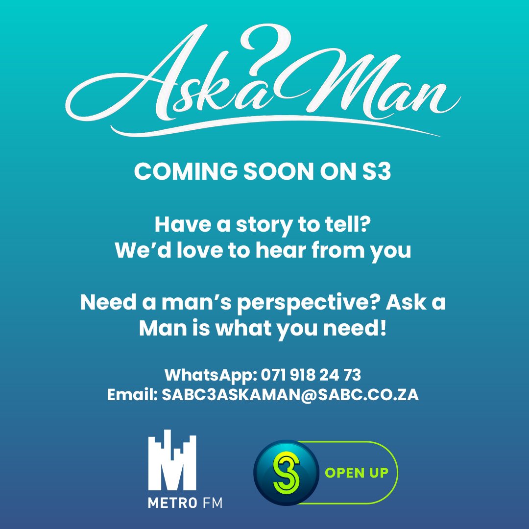 SABC3's tweet photo. We are here to help you navigate love, relationships and everything in between.
Got a relationship dilemma or a question you need advice on?
๐ฒ WhatsApp: 071 918 2473
๐ง Email:SABC3ASKAMAN@SABC.CO.ZA
#AskAMan #S3OpenUp https://t.co/BtRNxrHrLH