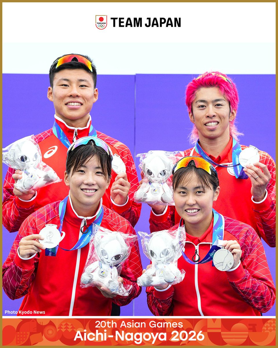 TeamJapan's tweet photo. ◤ 📸TEAM JAPAN Shots #愛知名古屋2026 ◢

🏊️🚴🏃トライアスロン
混合リレー

#TEAMJAPAN は銀メダルを獲得！🥈👏

トライアスロンは金メダル1個、銀メダル1個、銅メダル1個の合計3個のメダルを獲得し、全てのレースを終了しました🇯🇵

@Triathlon_Japan
#ともに一歩踏み出す勇気を

愛知・名古屋アジア大会はTBS ▶︎ @TBS_TV_S