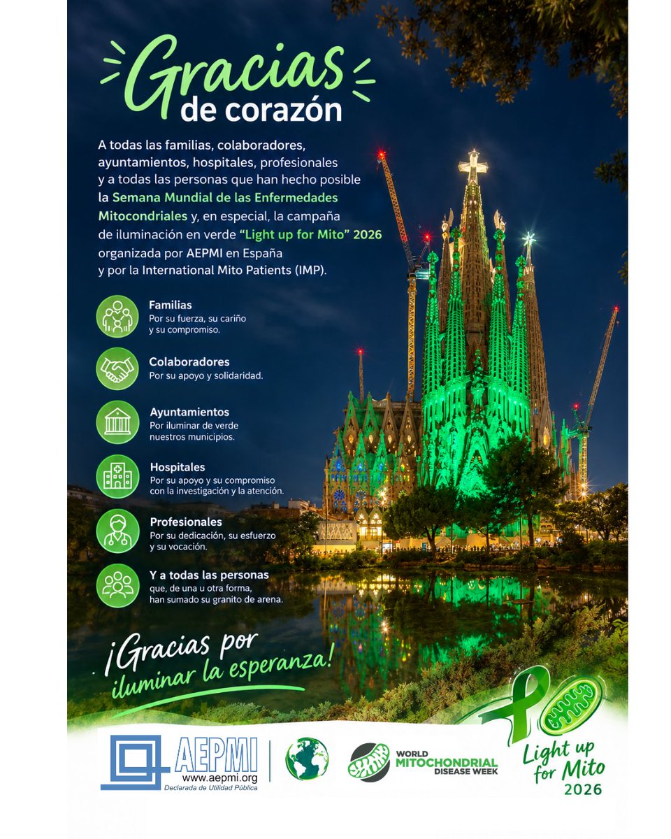 AEPMI's tweet photo. G R A C I A S 💚a todos ellos, más de 80 puntos se iluminaron en #España por las #EnfermedadesMitocondriales el pasado fin de semana #LightupforMito #WorldMitoWeek https://t.co/g509F01J1j
