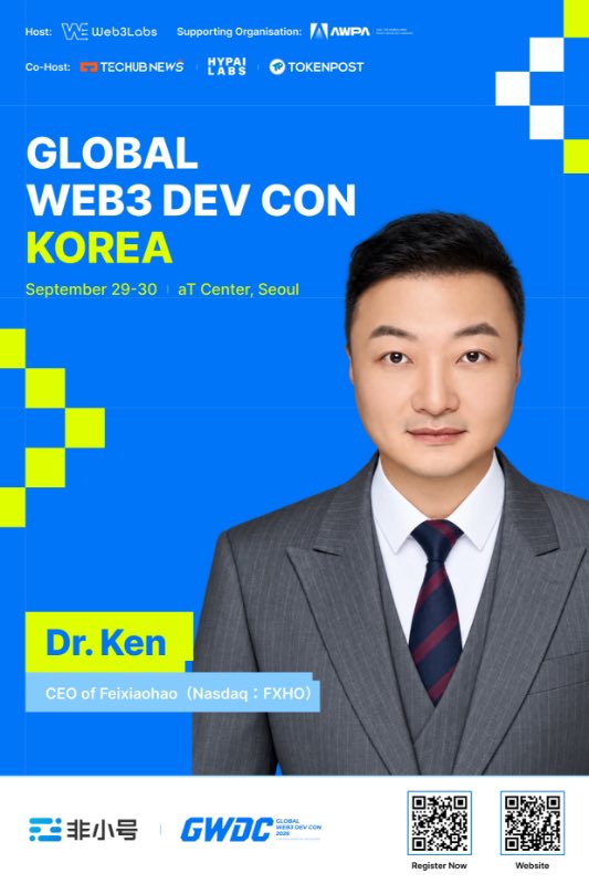 ken_fxh's tweet photo. 【#GWDC 2026 KOREA】SPEAKER ANNOUNCEMENT 🚀

We are thrilled to announce that Dr. Ken | CEO of Feixiaohao (Nasdaq: FXHO) has confirmed his attendance at "GWDC 2026 KOREA".

Dr. Ken @ken_fxh serves as the CEO of Feixiaohao (Nasdaq: FXHO), standing as a prominent leader in global Web3 data infrastructure and digital asset analytics. As a world-leading crypto data and asset pricing platform reaching millions of global users, Feixiaohao @fxh_crypto provides real-time, accurate, and transparent market intelligence, on-chain analytics, and project tracking. Following the activation of its Nasdaq ticker symbol (FXHO), Feixiaohao is pioneering a new era of Web3 capital acceleration by bridging public market credibility with decentralized data ecosystems. Leveraging his deep expertise across Web3 big data, capital strategy, and industry insights, Dr. Ken is actively driving the technological evolution and global expansion of Web3 data infrastructure.

On September 29–30 at the aT Center, Seoul, Dr. Ken will join government officials, business leaders, industry experts, and developers to share forward-looking insights and co-shape the future paradigm of Web3 and AI.

🎟 Registration: https://t.co/nXzJGf2kJV 
🌐 Official Website: https://t.co/29MkOX7nED 
📄 Event Sponsorship: https://t.co/17LlfDDJAZ