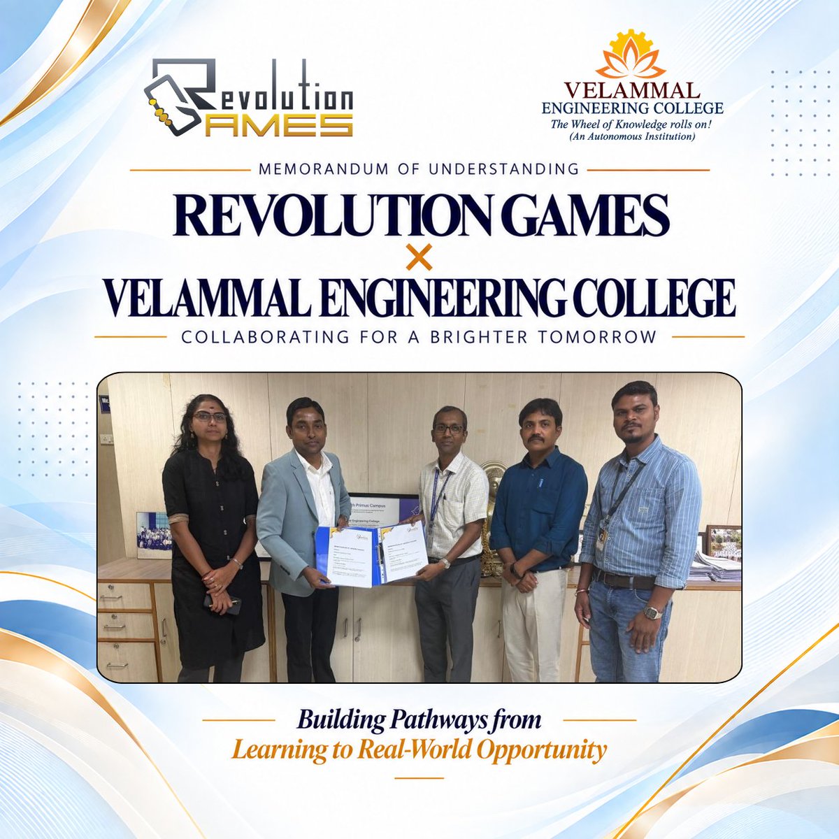 RevoRacers's tweet photo. REVOLUTION GAMES × VELAMMAL ENGINEERING COLLEGEA new MoU to create opportunities in Gaming, Esports, Technology & Innovation.
Building skills. Creating opportunities. Shaping tomorrow.
#RevolutionGames #VelammalEngineeringCollege #MoU #Gaming #Esports #Innovation https://t.co/2fG2cR9wv9