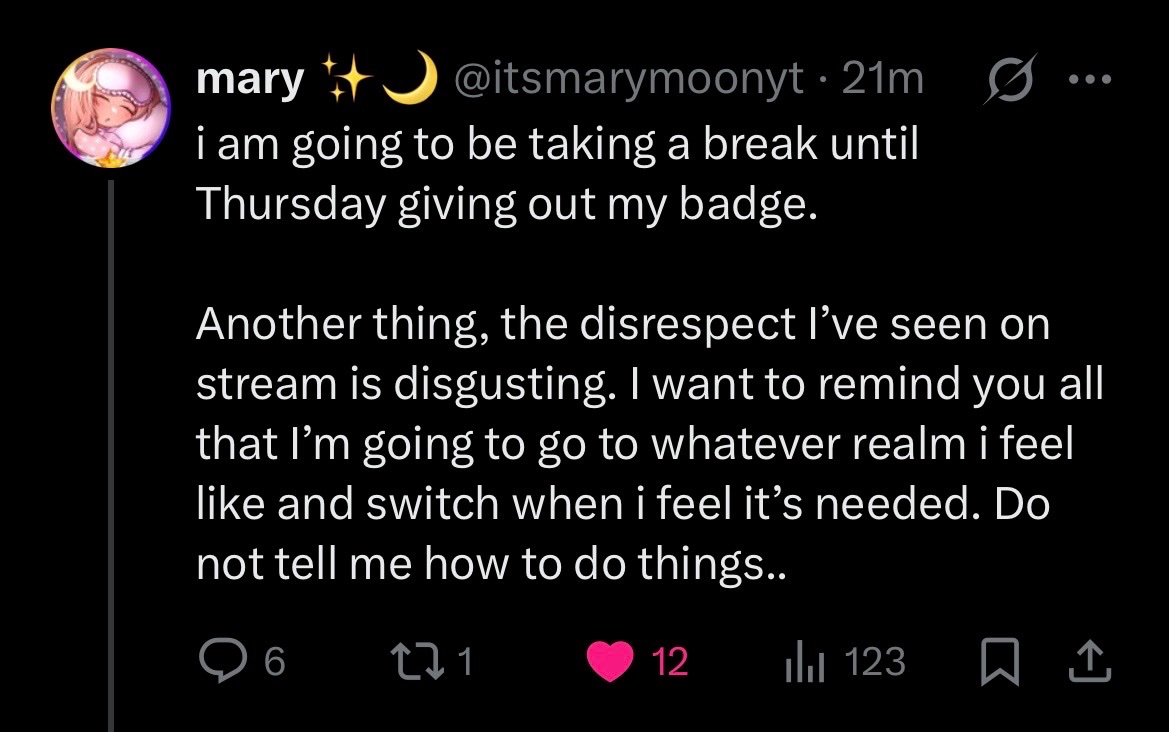 AccountGoo41778's tweet photo. I've noticed many influencers like @ttrhyuh and @itsmarymoonyt are getting harassed by other rude players because of badges only. If we want something, let's ask nicely, they're human too 😭💔 https://t.co/egTgxgq5hg