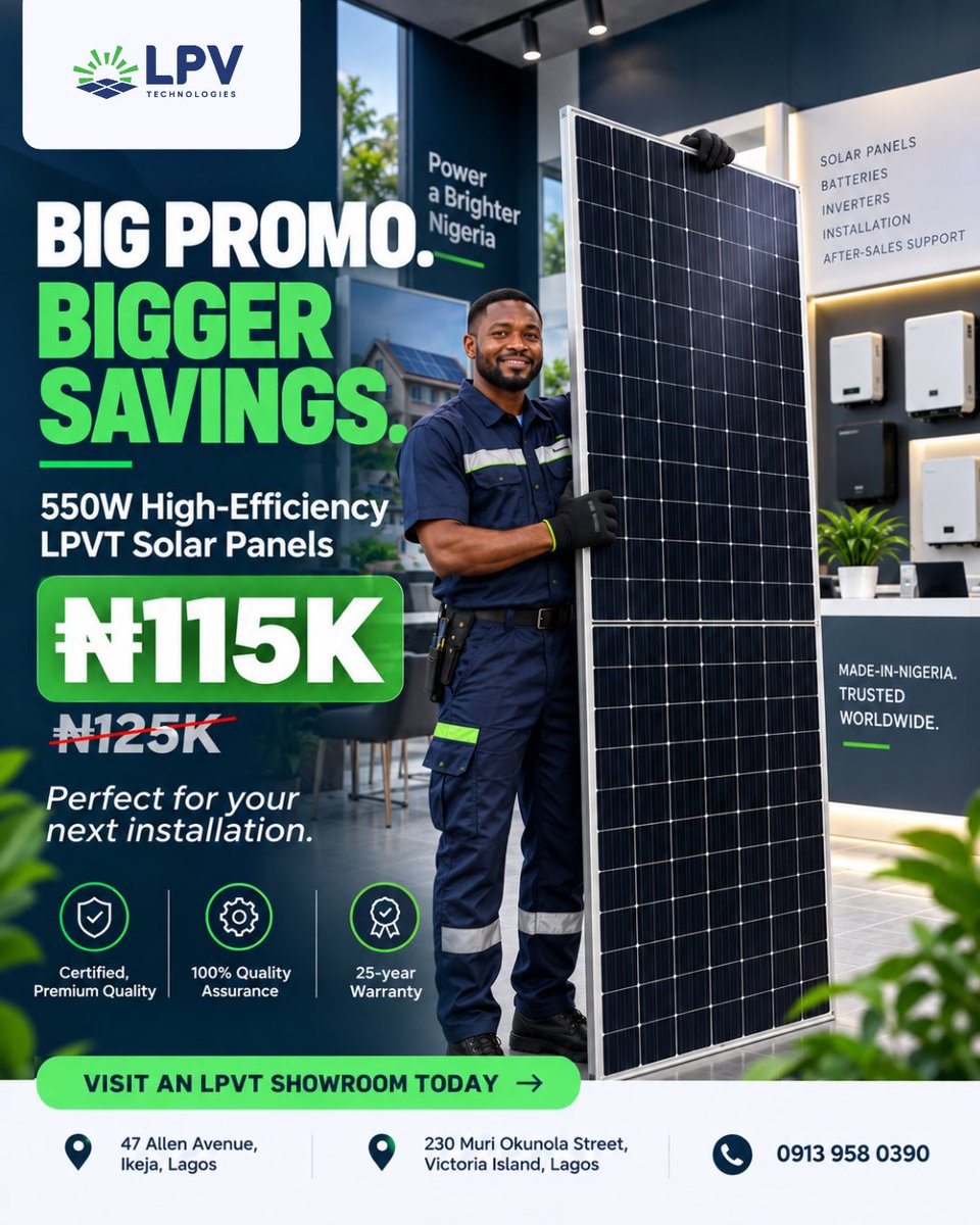 LPVtech's tweet photo. BIG POWER. BIGGER SAVINGS!

Meet the LPVT 550W High-Efficiency Solar Panel, designed to deliver reliable power for your home, business, and next big installation. 

With premium quality, 100% quality assurance, and a 25-year warranty, you can power your future with confidence. https://t.co/aBhSV6dxJN