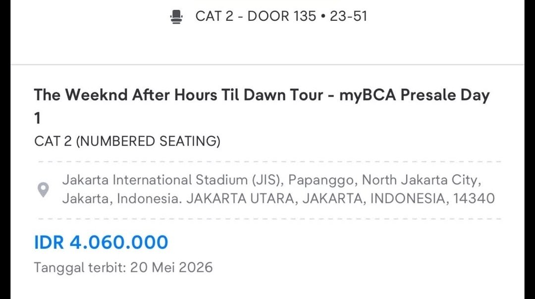 LTookes73906's tweet photo. Jual rugi😭😭 WTS CAT 2 3jt/tix tiket the weeknd

OPEN NEGOTIATION

CAT 2 DOOR 135 ROW 23 SEAT 51 52

Gabisa pergi ada business trip🥲🥲🥲

COD JAKSEL, bisa langsung DM
#jakarta https://t.co/z9q2Td2bdq