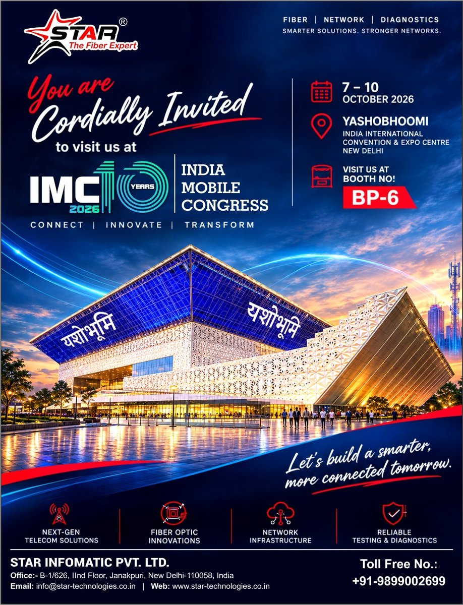 StarInfomatic's tweet photo. 🚀STAR INFOMATIC IS COMING TO IMC 2026!

Technology. Innovation. Real-World Solutions.

This October, discover the latest from STAR Infomatic at India Mobile Congress 2026, Yashobhoomi, New Delhi.

📅 7–10 October 2026
📍 Booth BP-6 | Yashobhoomi, New Delhi

Come see what we’ve been building .
Get hands-on with our latest products, meet the team behind them, and discover technology designed to solve real-world challenges.

Planning to visit IMC 2026?
Make STAR Infomatic – Booth BP-6 one of your stops.

Come. Explore. Connect with STAR Infomatic.

#IMC2026 #IndiaMobileCongress #STARInfomatic #TelecomTechnology #DigitalInfrastructure #InnovationInTelecom
