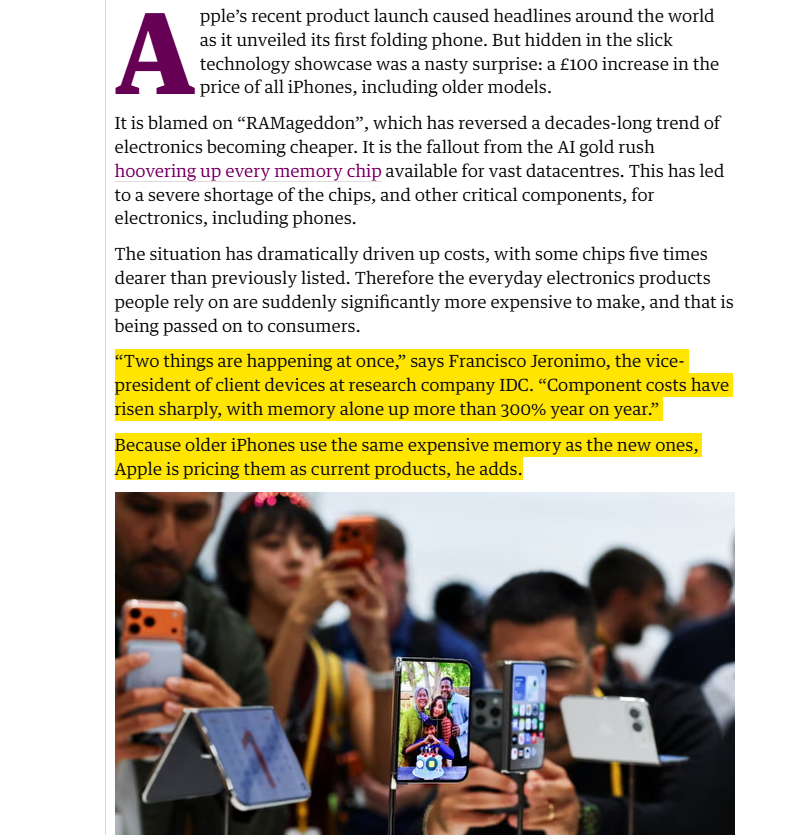 fjeronimo's tweet photo. “Two things are happening at once,” says Francisco Jeronimo, the vice-president of client devices at research company @IDC. “Component costs have risen sharply, with memory alone up more than 300% year on year.”

Because older iPhones use the same expensive memory as the new ones, Apple is pricing them as current products, he adds.

https://t.co/hYgijsKkwe