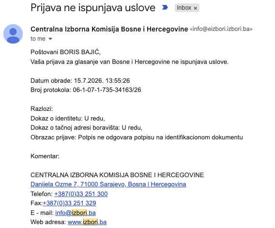 ManaNegra's tweet photo. Kako je odbijen moj zahtjev za glasanje izvan BiH.

P.S. Doslovno sam se tri minuta potpisivao na zahtjevu u želji da repliciram potpis sa lične karte star 9 godina i ovo je rezulat mojih napora: https://t.co/FTIKYtW4Df