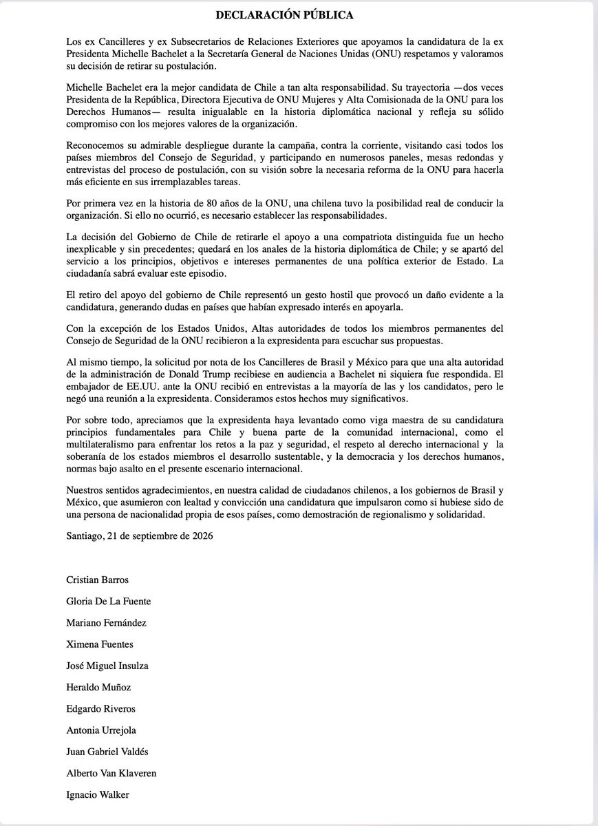 cristianbarrosm's tweet photo. Declaración Pública de ex cancilleres y subsecretarios de Relaciones Exteriores en relación con la decisión de la ex presidenta Michelle Bachelet sobre su candidatura a la Secretaría General de las Naciones Unidas. https://t.co/Rw0en1LO7b